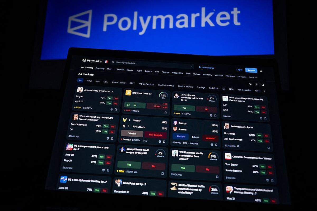 This photograph shows set up screens displaying the logo and home page of US cryptocurrency based prediction market platform Polymarket, in Saint-Mande, east of Paris, on April 29, 2026. (Photo by Martin LELIEVRE / AFP via Getty Images)