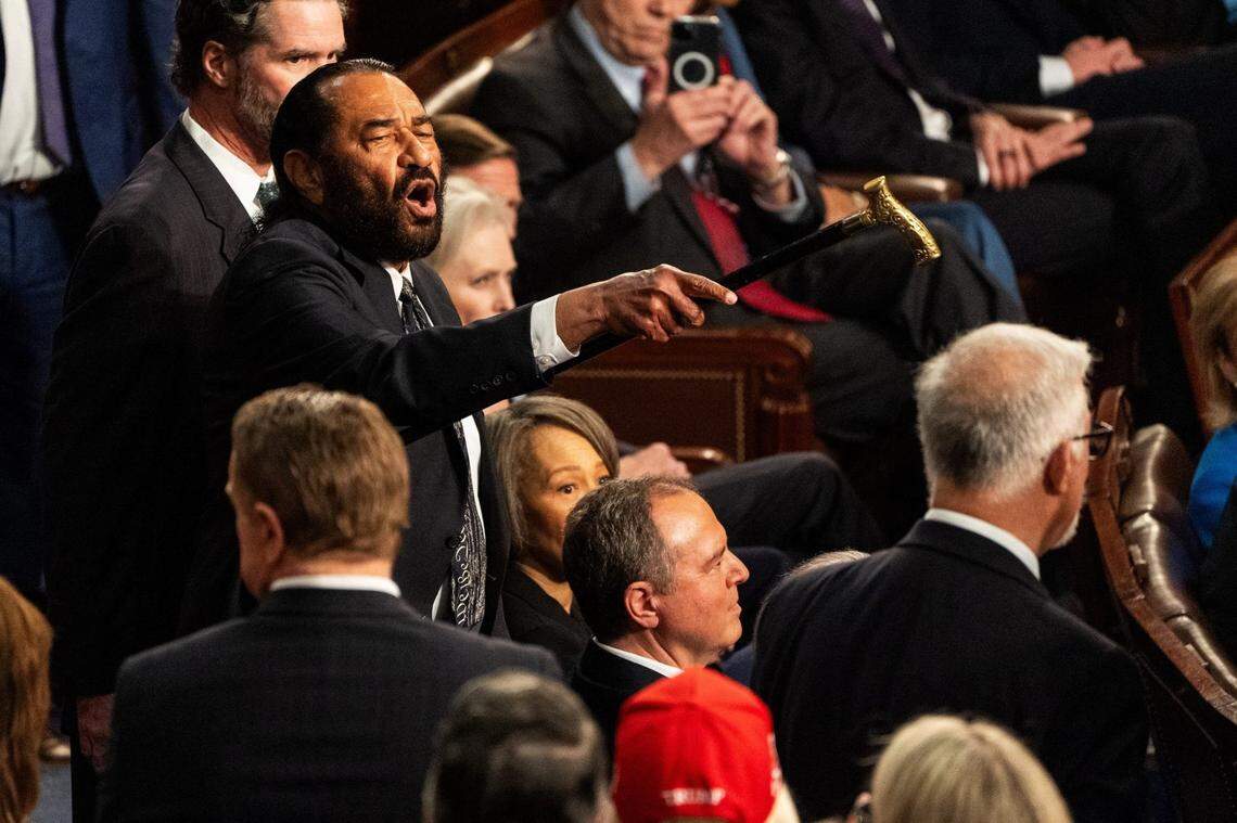 Mar 4, 2025; Washington, DC, USA; Rep. Al Green (D-Texas) is removed from the House chamber for disrupting President Donald Trump as he addresses a joint session of Congress at the U.S. Capitol on Tuesday, March 4, 2025.. Mandatory Credit: Josh Morgan-USA TODAY via Imagn Images