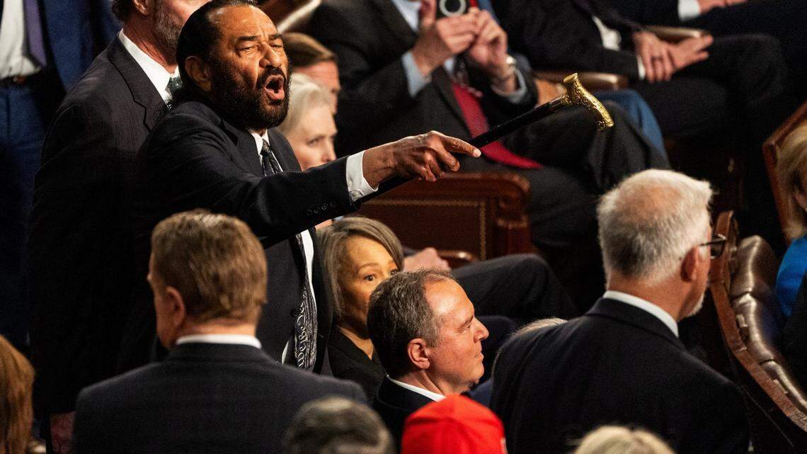 Mar 4, 2025; Washington, DC, USA; Rep. Al Green (D-Texas) is removed from the House chamber for disrupting President Donald Trump as he addresses a joint session of Congress at the U.S. Capitol on Tuesday, March 4, 2025.. Mandatory Credit: Josh Morgan-USA TODAY via Imagn Images