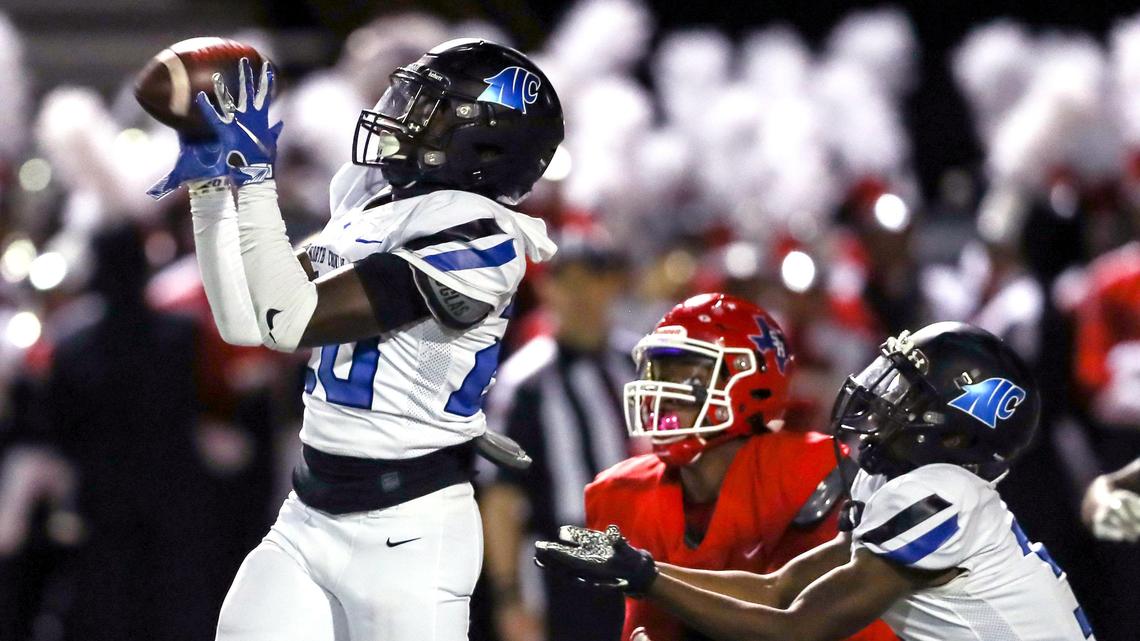North Crowley defensive back Ronald Wilson Jr comes up with an interception against Sam Houston during the first half, Thursday night, October 17, 2019 played at Wilemon Field in Arlington, TX.