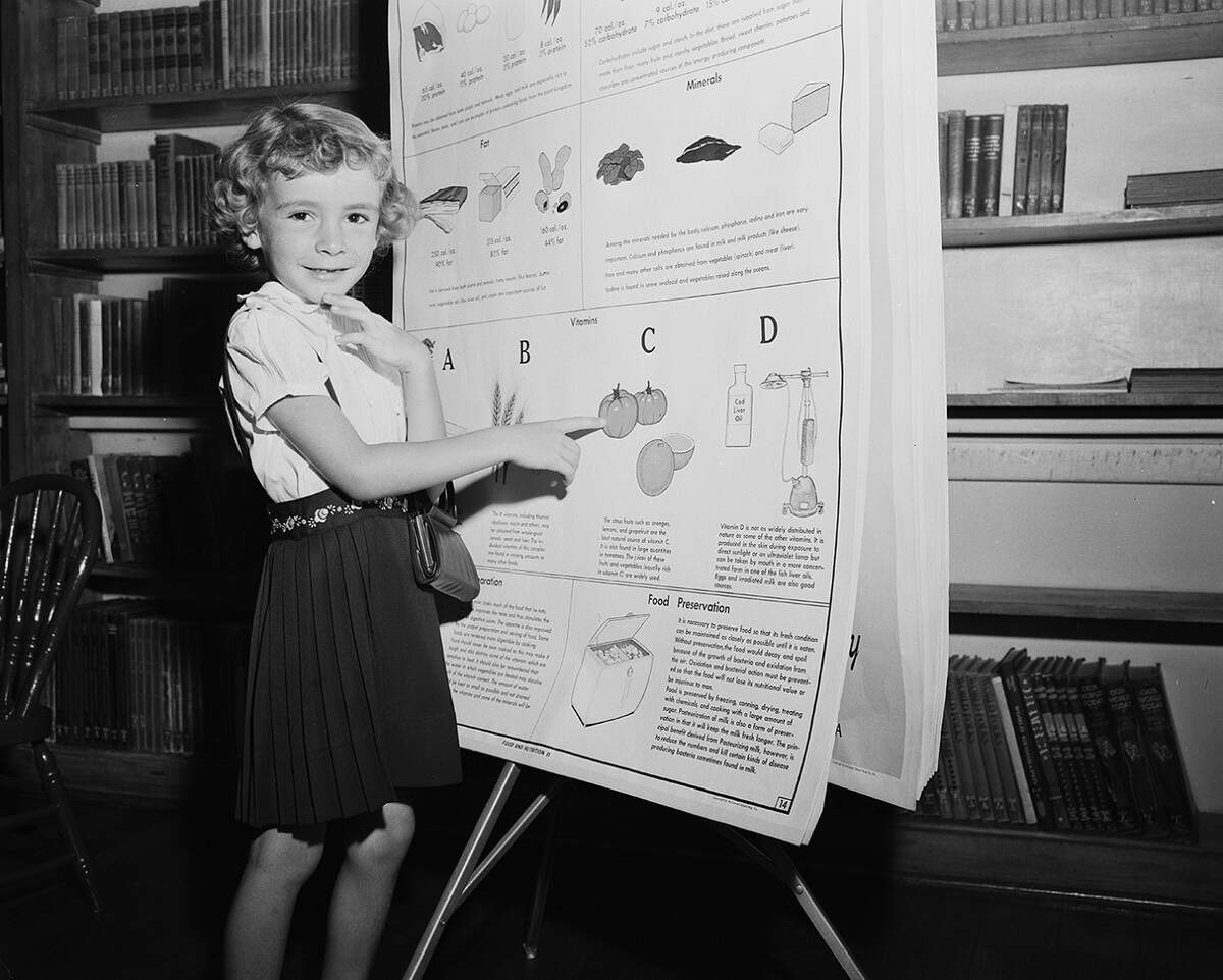 Sept. 5, 1951: Beginner Barbara Roberson, on her first day at school, discovers the teaching material used in the first grade. “That tomato gives you vitamin C,” she says. She will attend classes at South Fort Worth Elementary.