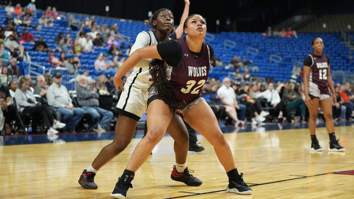 Mansfield Timberview’s Emilee Jones (32) blocks out Judith Aluga of Frisco Liberty in the Class 5A state championship game on Saturday, March 2, 2024 at the Alamodome in San Antonio, Texas. Liberty rallied to defeat Timberview 60-51.