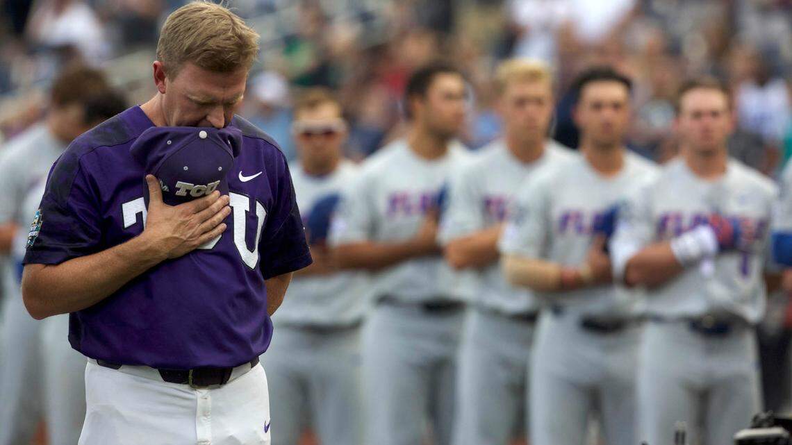 Former TCU Horned Frogs Jim Schlossnagle, shown observing the National Anthem prior to a 2017 College World Series game, is now the head coach at Texas A&M. Most of the current TCU roster either played for Schloss, or were his recruits.