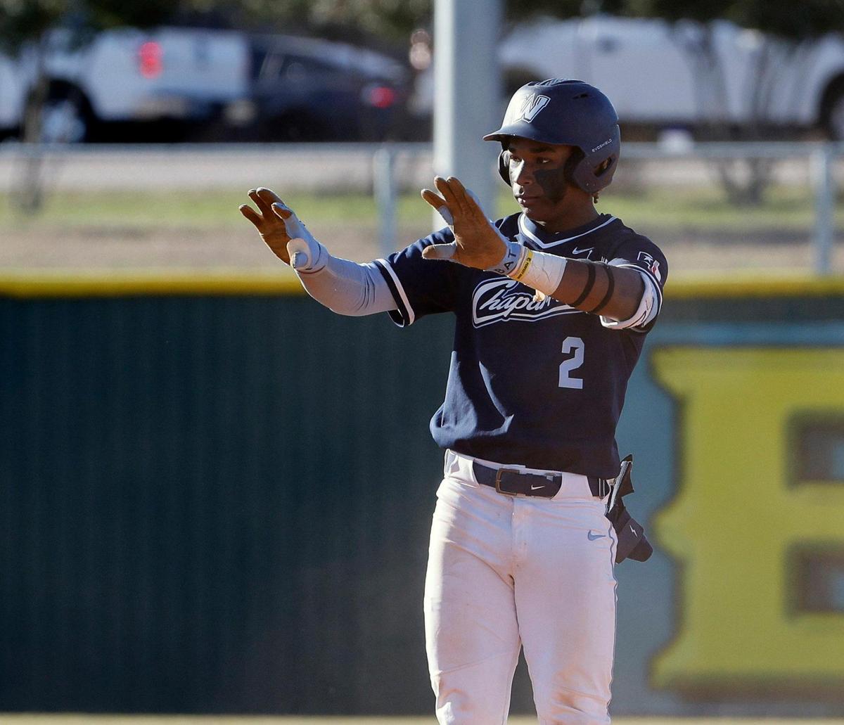 Wyatt catcher Jorvorskie Lane (2) celebrates after reaching second safe during a UIL baseball game at Benbrook High School in Fort Worth, Texas, Thursday, Feb. 22, 2024.