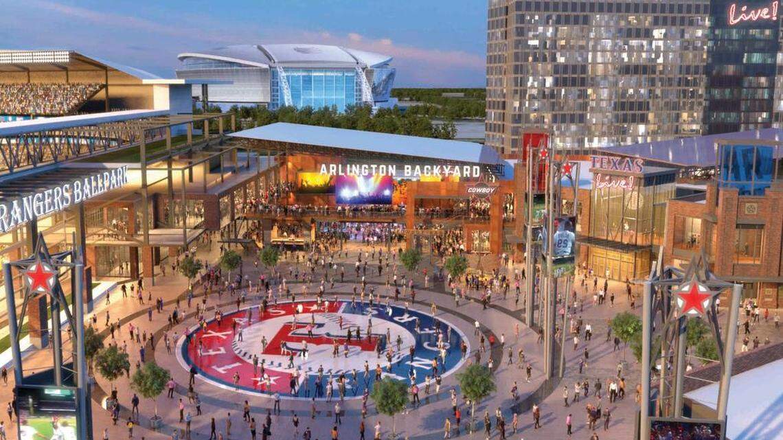 An artist rendering of Texas Live! project scheduled to be open adjacent to Globe Life Park in Arlington in August.