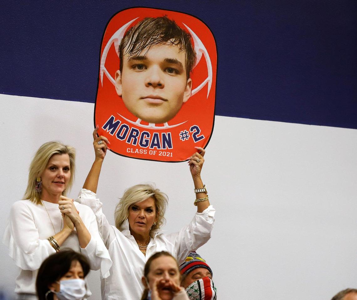 Grapevine Faith’s (2) Gage Morgan’s mom shows her support during the TAPPS 5A regional basketball playoff game at Grace Prep in Arlington, Texas, Saturday, March 06, 2021. Grapevine Faith defeated Dallas Christian 52-48. (Special to the Star-Telegram Bob Booth)