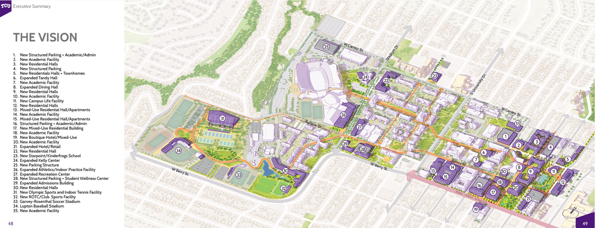 A rendering of Texas Christian University’s campus master plan, which proposes adding 25 new buildings to the campus. TCU recently released details of the plan, which has been in the works for years.