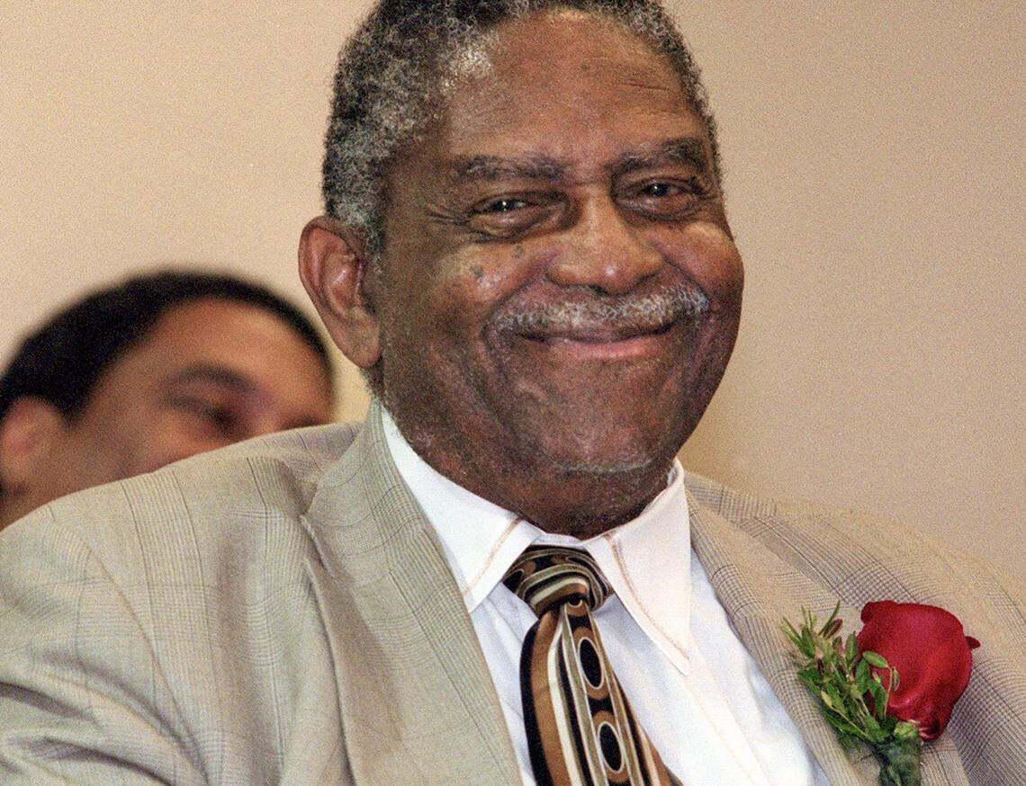 Judge L. Clifford Davis shares a smile with the crowd gathered in his honor on August 18, 2002 during the dedication ceremony of the new L. Clifford Davis Elementary School in Fort Worth.