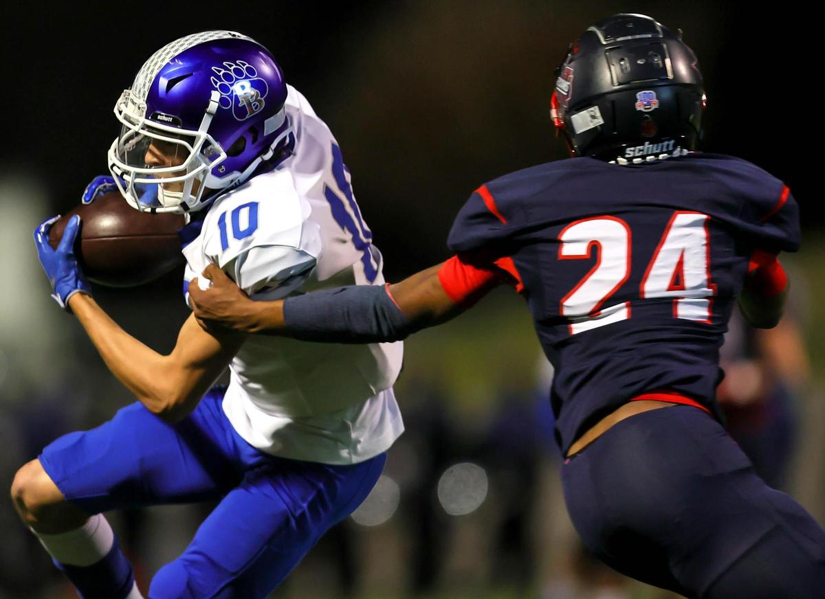 Brewer recevier Kadin Gehring (10) comes up with a reception against Northwest defensive back Jason Laster (24) during the first half of a high school football game, November 19, 2020 played at Northwest ISD Stadium in Justin, Tx. (Steve Nurenberg Special to the Star-Telegram)
