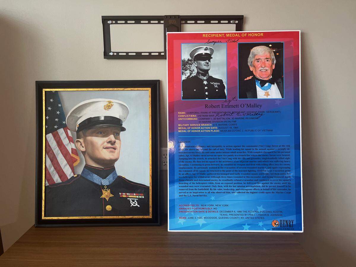 Sgt. Robert Emmett O’Malley, the first U.S. Marine Corps recipient of the Medal of Honor in the Vietnam War, brought his memorabilia of his accomplishments while serving in Vietnam to the Tuskegee Airmen Texas State Veterans Home in Fort Worth on Wednesday, April 2, 2025