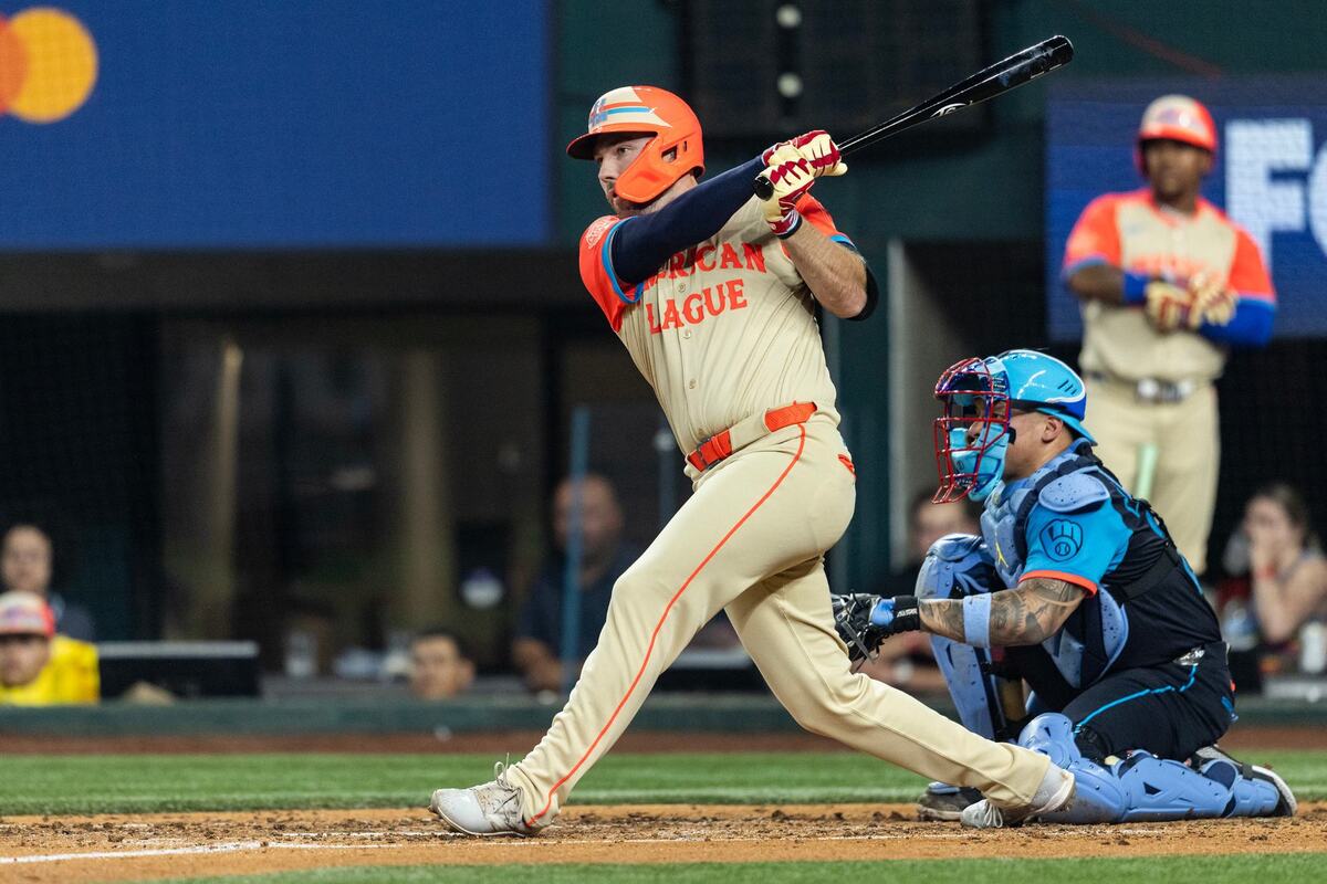 Cleveland Guardians designated hitter David Fry gets on base after a single in the third inning of the MLB All Star Game at Globe Life Field in Arlington on Tuesday July 16, 2024.