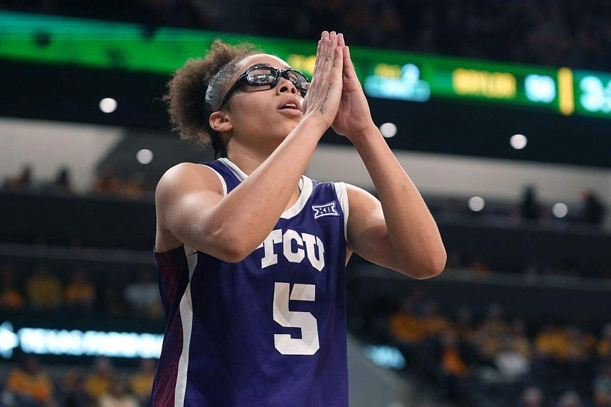 WACO, TEXAS - FEBRUARY 12: Olivia Miles #5 of the TCU Horned Frogs reacts after drawing a foul while scoring during the second half against the Baylor Bears at Foster Pavilion on February 12, 2026 in Waco, Texas. (Photo by Scott Wachter/Getty Images)