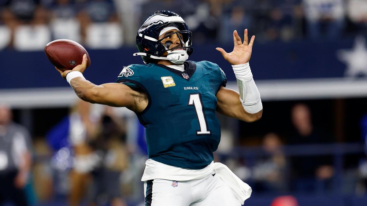 Philadelphia Eagles quarterback Jalen Hurts throws the ball against the Dallas Cowboys on Sunday, Nov. 10, 2024, at AT&T Stadium.