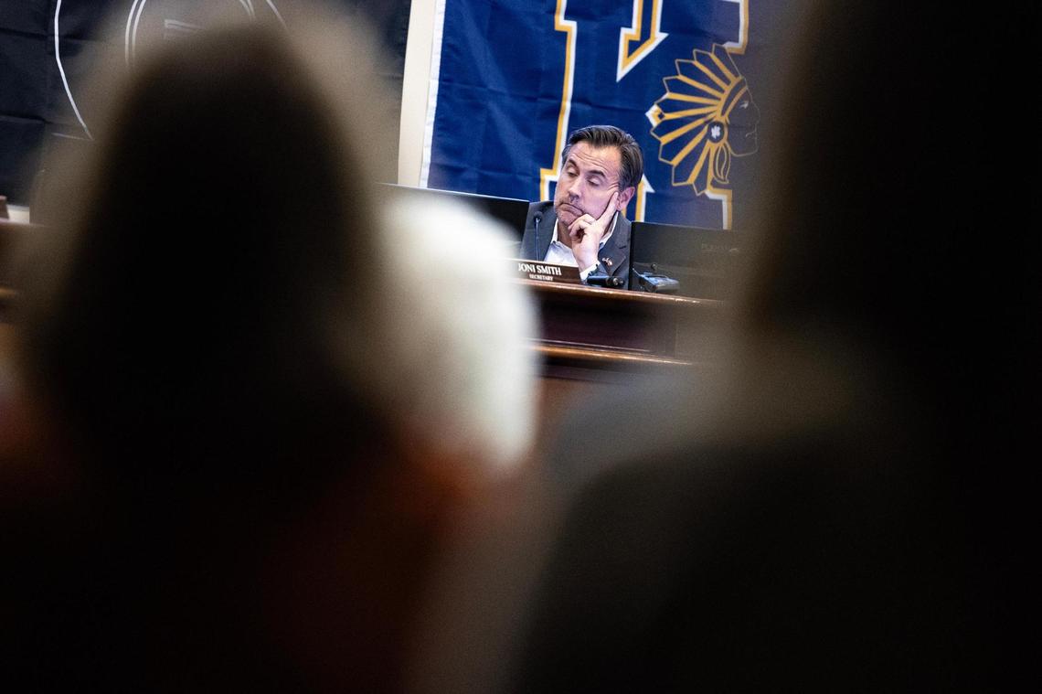 Keller ISD President Charles Randklev listens to attendees during public comment in a special meeting regarding the possible split of the Keller Independent School District at the Keller ISD Education Center in Keller on Thursday, Jan. 16, 2025.