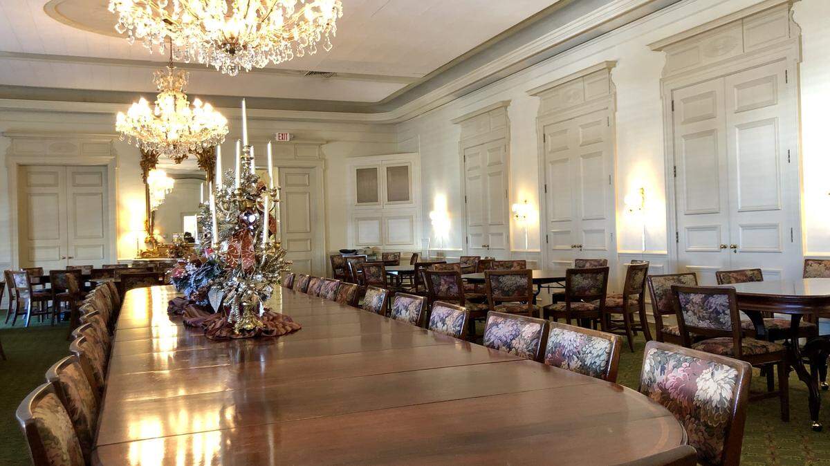 The stately dining room set up for a group in the Woman’s Club of Fort Worth.