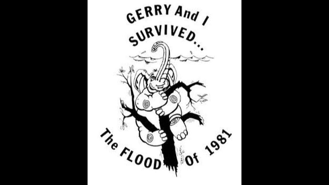 A 1981 T-shirt celebrated Gerry II, now Sissy, the Gainesville zoo elephant who survived a flood by treading water.