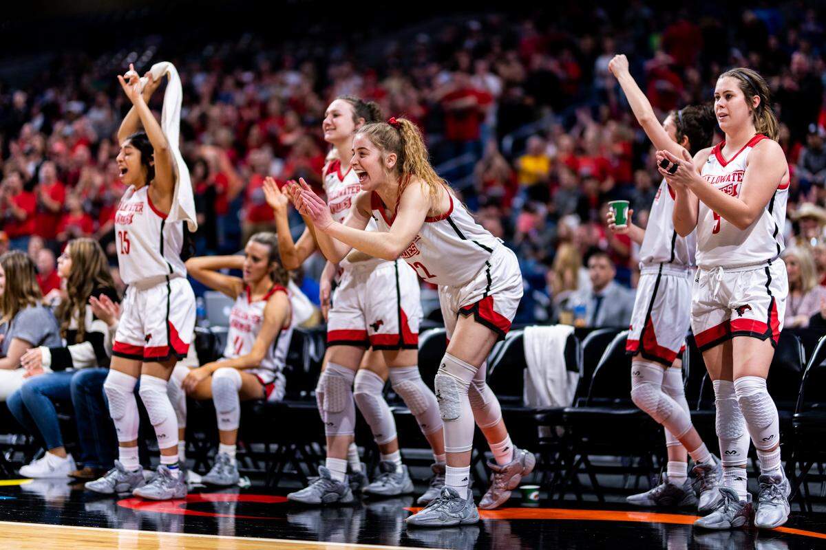Shallowater celebrates a great play during the 1st half of the 3A State Championship game between Woodville and Shallowater at the Alamodome in San Antonio on March 7th, 2020. (Matt Smith-Special to the Star-Telegram.)