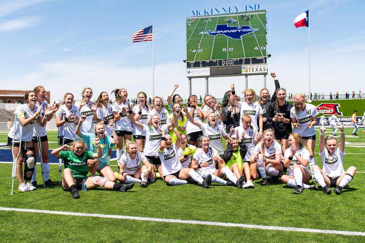 Carroll celebrates its 3-0 win over Frenship in the 6A Region I semifinals on Friday April 12, 2019 at McKinney ISD Stadium.