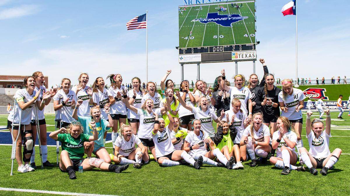 Carroll celebrates its 3-0 win over Frenship in the 6A Region I semifinals on Friday April 12, 2019 at McKinney ISD Stadium.