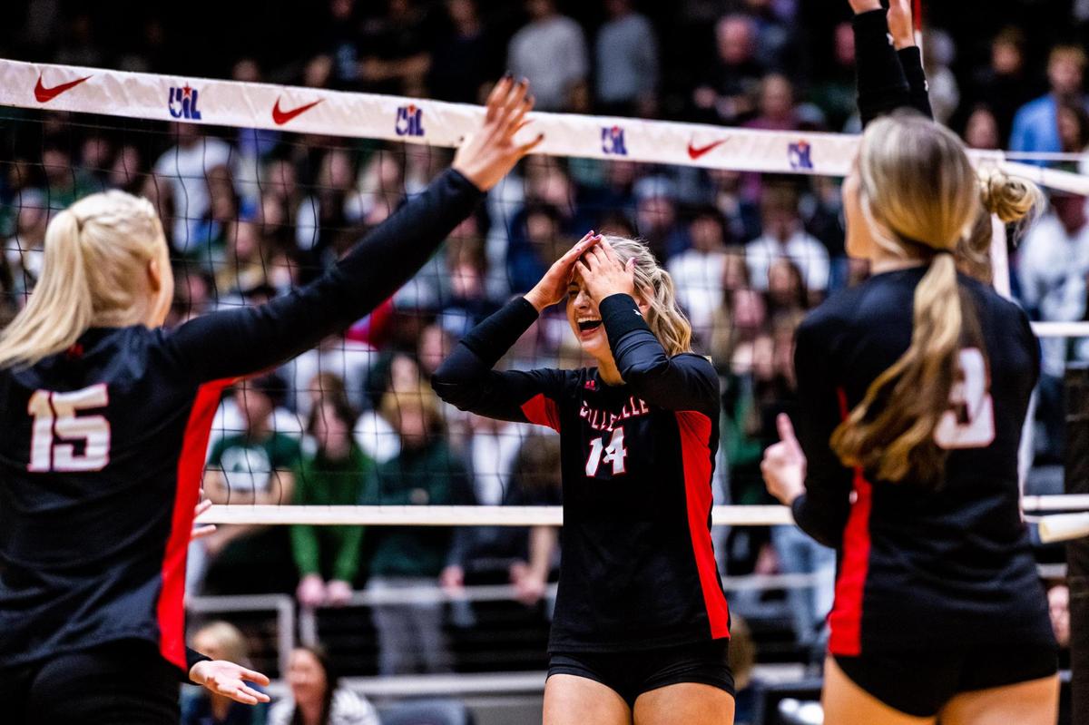 Morgan Howard celebrates a point during the 5A state final between Colleyville Heritage and Frisco Reedy at the Curtis Culwell Center in Garland on November 19th, 2022.