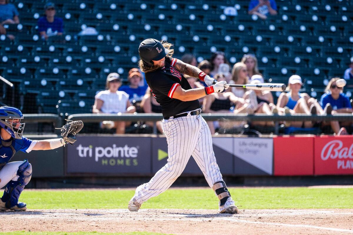 Kayden Voelkel hits the ball during the 5A UIL Baseball state semifinal between Mansfield Legacy and Friendswood at Dell Diamond in Round Rock on June 09, 2022.