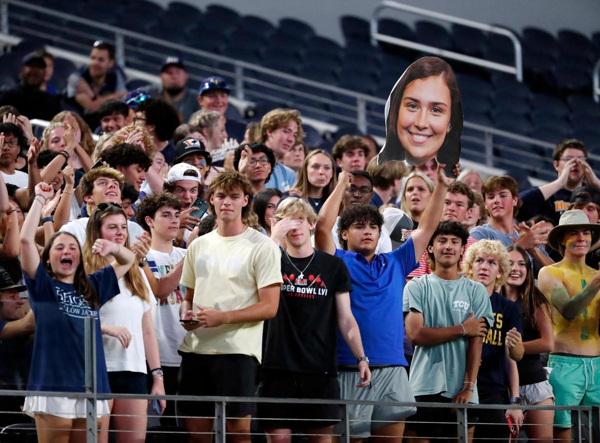 Fans in the student section watch the Fort Worth ISD championship flag football game at ATT Stadium in Arlington, Texas, Wednesday, May 18, 2022. Arlington Heights defeated Eastern Hills . (Special to the Star-Telegram Bob Booth)