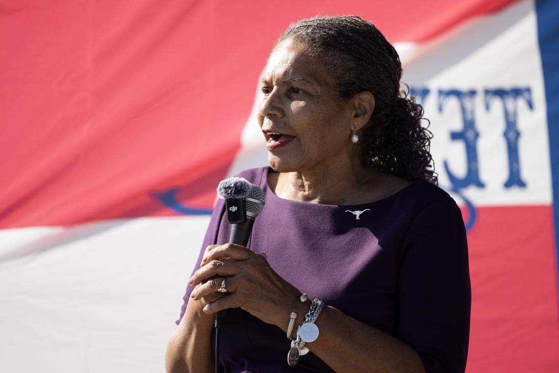 Fort Worth City Councilwoman Deborah Peoples speaks to the attendees during a street topper dedication ceremony for Shirley Knox Benton outside Dunbar High School in Fort Worth on Thursday, Oct. 2, 2025.