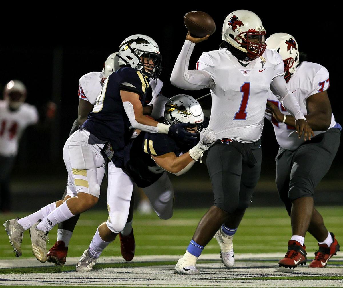 Skyline quarterback Darryl Richardson (1) is pressured by Keller during the first half of a high school football game, October 15, 2020 played at Keller ISD Stadium in Keller, Tx. (Steve Nurenberg Special to the Star-Telegram)