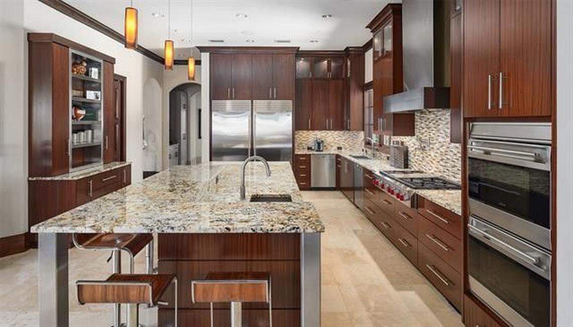 A Southlake mansion built by former NBA star Jermaine O’Neal and for sale includes a state-of-the-art kitchen with a breakfast bar and dining nook.