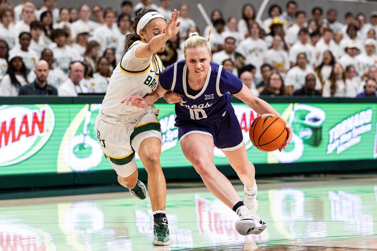 TCU guard Hailey Van Lith (10) drives past Baylor guard Jada Walker (11) at Baylor at Foster Pavilion in Waco on Sunday, March 2, 2025. Van Lith was named the Big 12 Player of the Year.