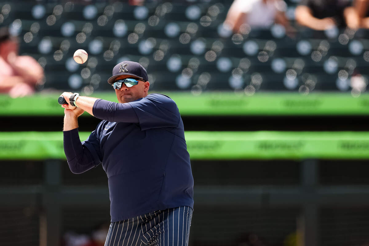 Keller assistant coach Jared Stafford hits a baseball ahead of the UIL Texas high school baseball Class 6A Division I state championship at Dell Diamond in Round Rock, Texas, Saturday, June 6, 2026.