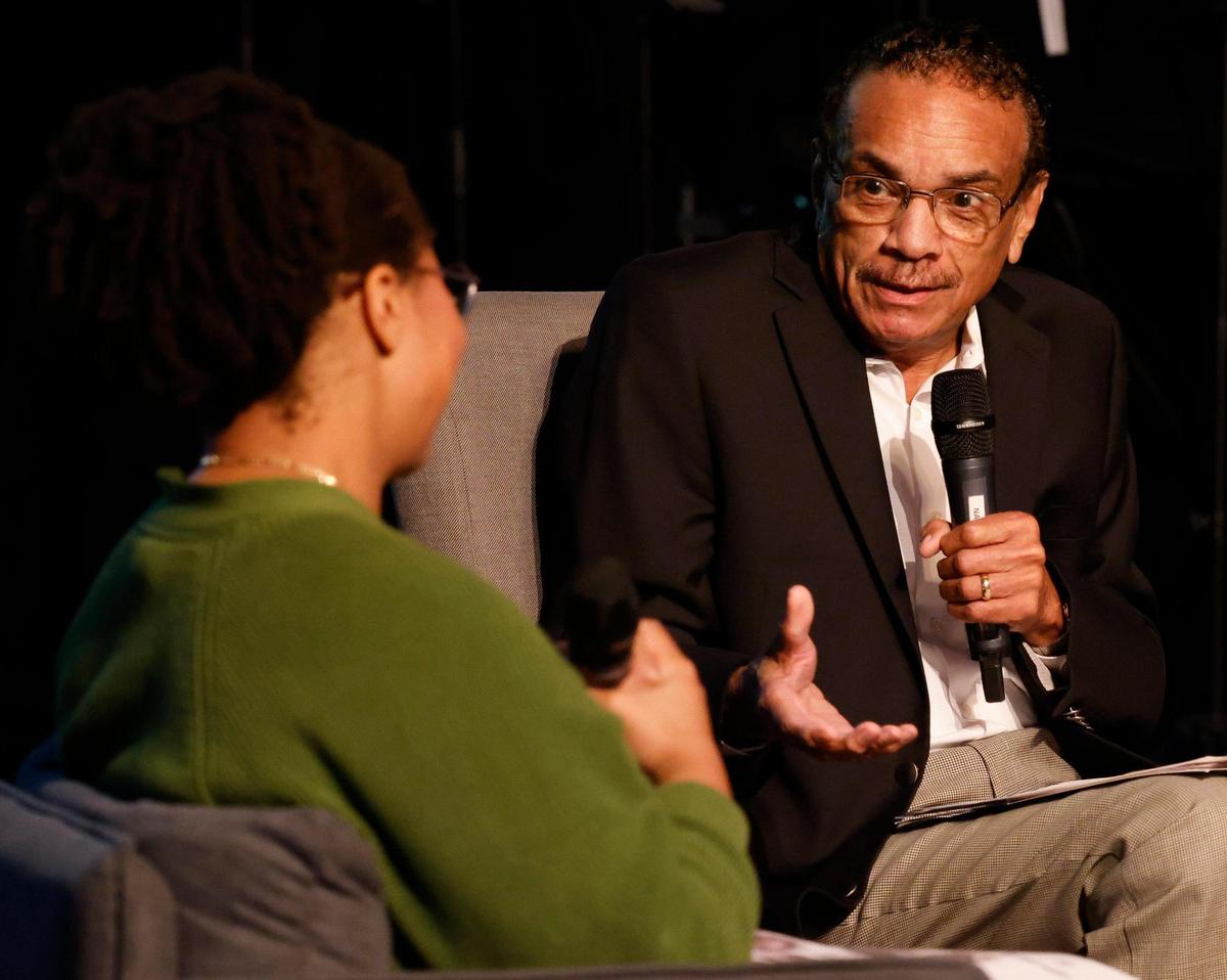 Bob Ray Sanders asks Tajanae Harris a question during Welcome to the Conversation A Story in Black and White In the sanctuary at the Well Church in Keller, Texas, Tuesday, Nov. 12, 2024. Sanders moderated a conversation that included Harris and the descendant of a family that owned Harris’ relative as a slave.