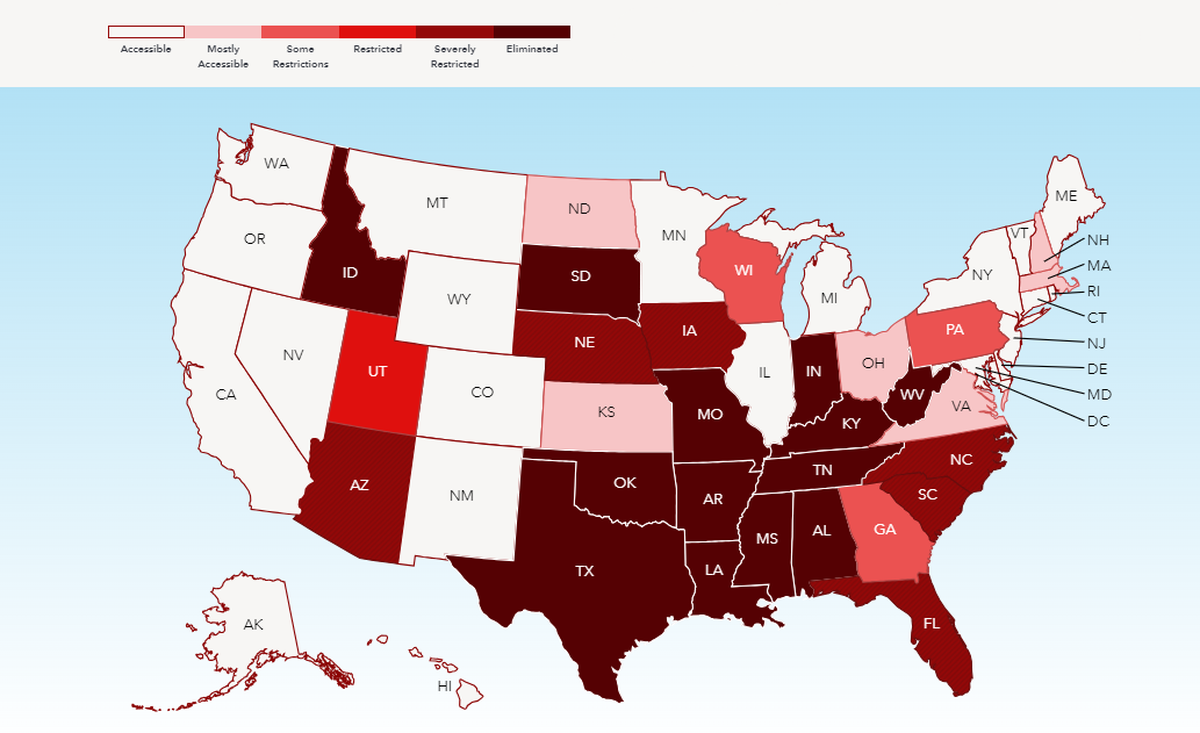 Planned Parenthood put together a map from data on Abortion Finder regarding what states have access to abortion.