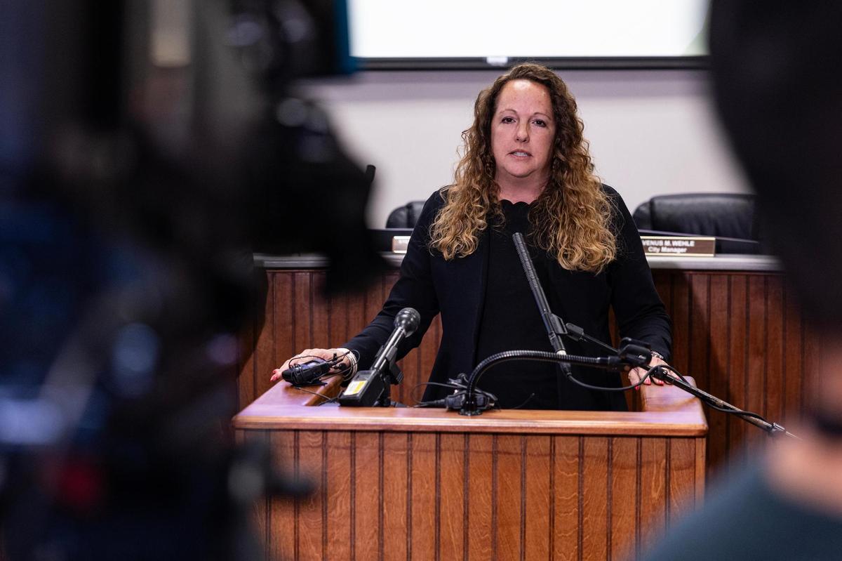 Forest Hill Mayor Stephanie Boardingham speaks with the media gathered for a press conference regarding the killings of Ronnie Sibley and his daughter R’mani, 5, at Forest Hill City Hall on Wednesday, March 5.