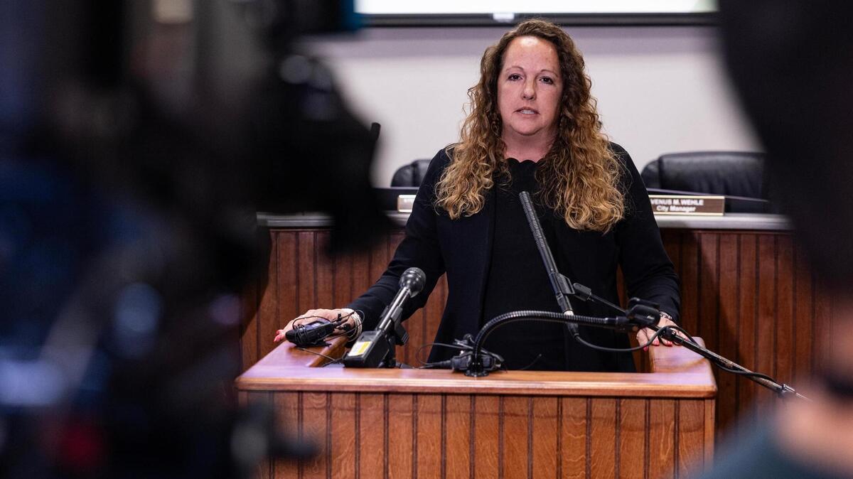 Forest Hill Mayor Stephanie Boardingham speaks with the media gathered for a press conference in 2025. Boardingham has been outspoken about the firing of City Manager Venus Wehle.