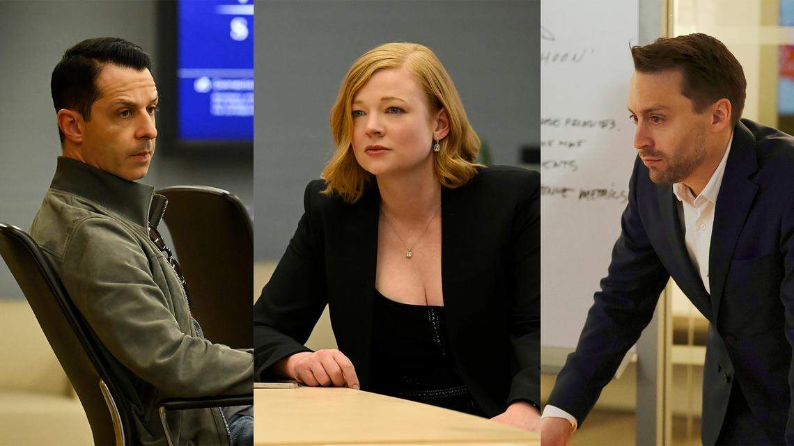 This combination of three separate photos shows Jeremy Strong as Kendall Roy, left, Sarah Snook as Shiv Roy, center, and Kieran Culkin as Roman Roy, from the HBO series “Succession.” (HBO via AP)