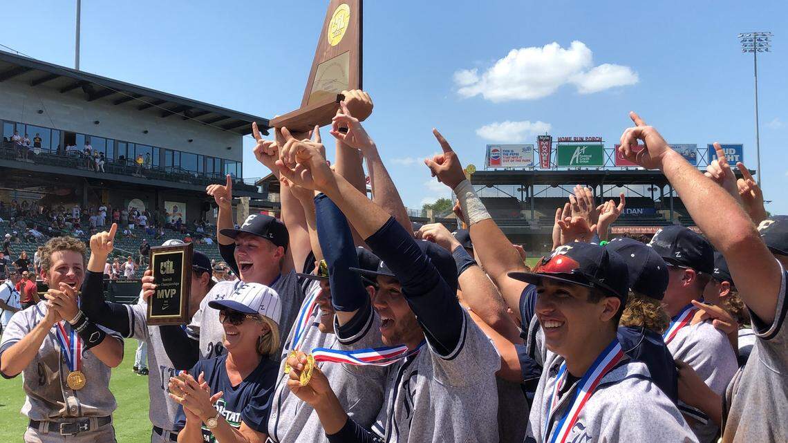 Haslet Eaton celebrates the 5A baseball state title at Dell Diamond, Saturday, June 9, 2018.
