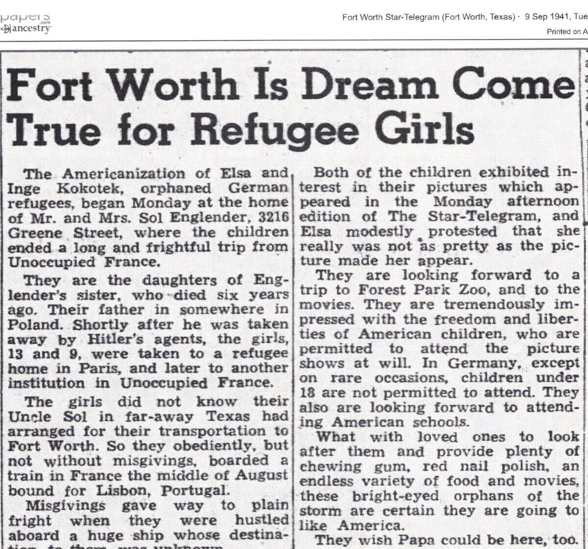 An article from the Fort Worth Star-Telegram on Sept. 9, 1941, chronicles the arrival of orphans Elsa Kokotek, 13, and her sister Inga Kokotek, 9, in Fort Worth.