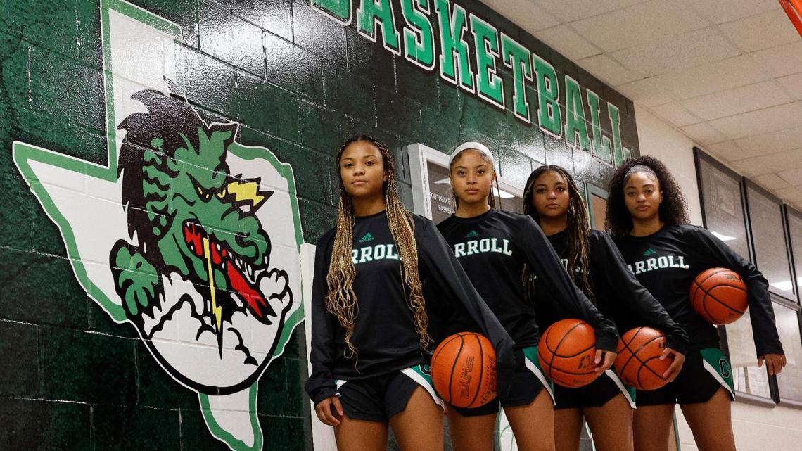 The Jordan sisters, Nadia, Gianna, Natalia and Milania photographed during basketball practice at Southlake Sr. High School in Southlake, Texas, Tuesday, Feb. 06, 2024.