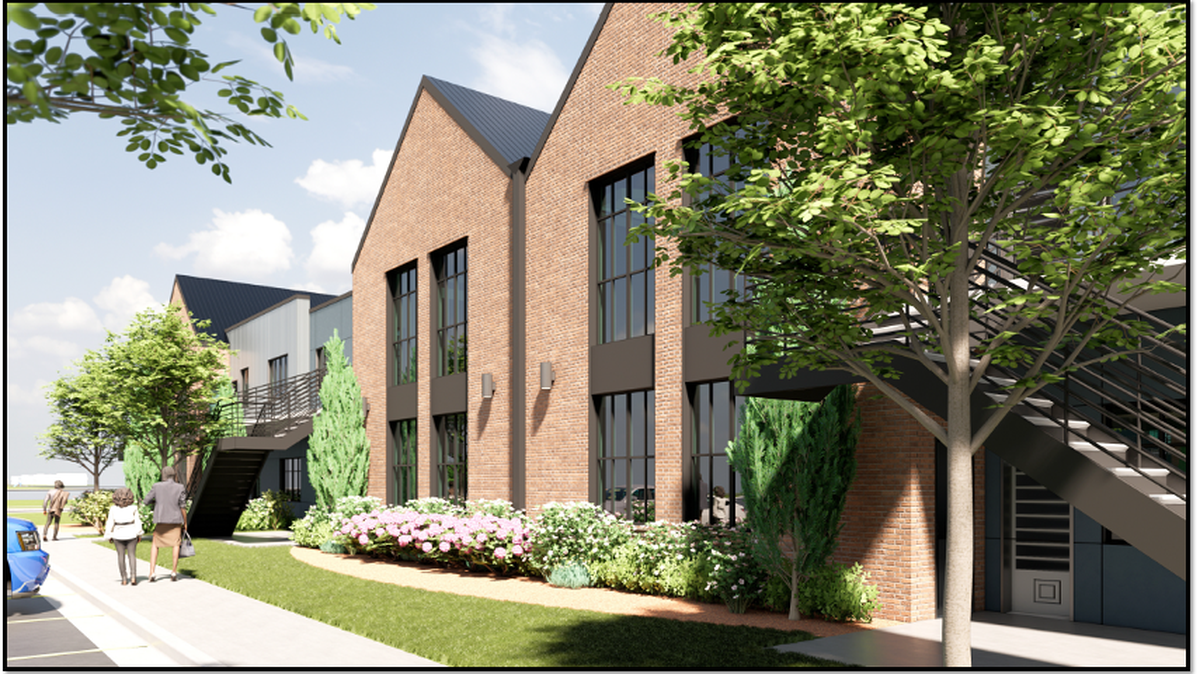 An artist’s rendering depicting the apartment complex proposed for the former Tandy Village site at 2601 Tandy Ave. in Fort Worth. The Fort Worth Zoning Commission approved rezoning the property for medium-density multifamily on Sept. 10, 2025. The city council will review that decision in October.