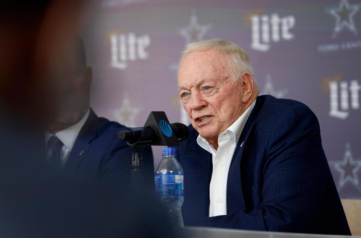 Dallas Cowboys owner Jerry Jones takes questions during a press conference to introduce new head coach Brian Schottenheimer on Monday, Jan. 27, 2025, at The Star in Frisco.