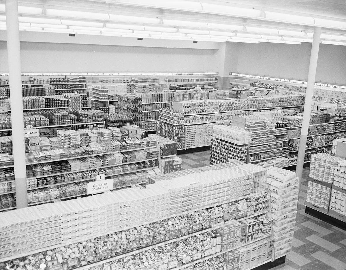 June 6, 1952: This interior of the new Safeway Store, 2516 E. Belknap, shows row on row of food counters as seen from balcony office of the manager. (The site today just east of Trinity River is Stagecoach Ballroom)