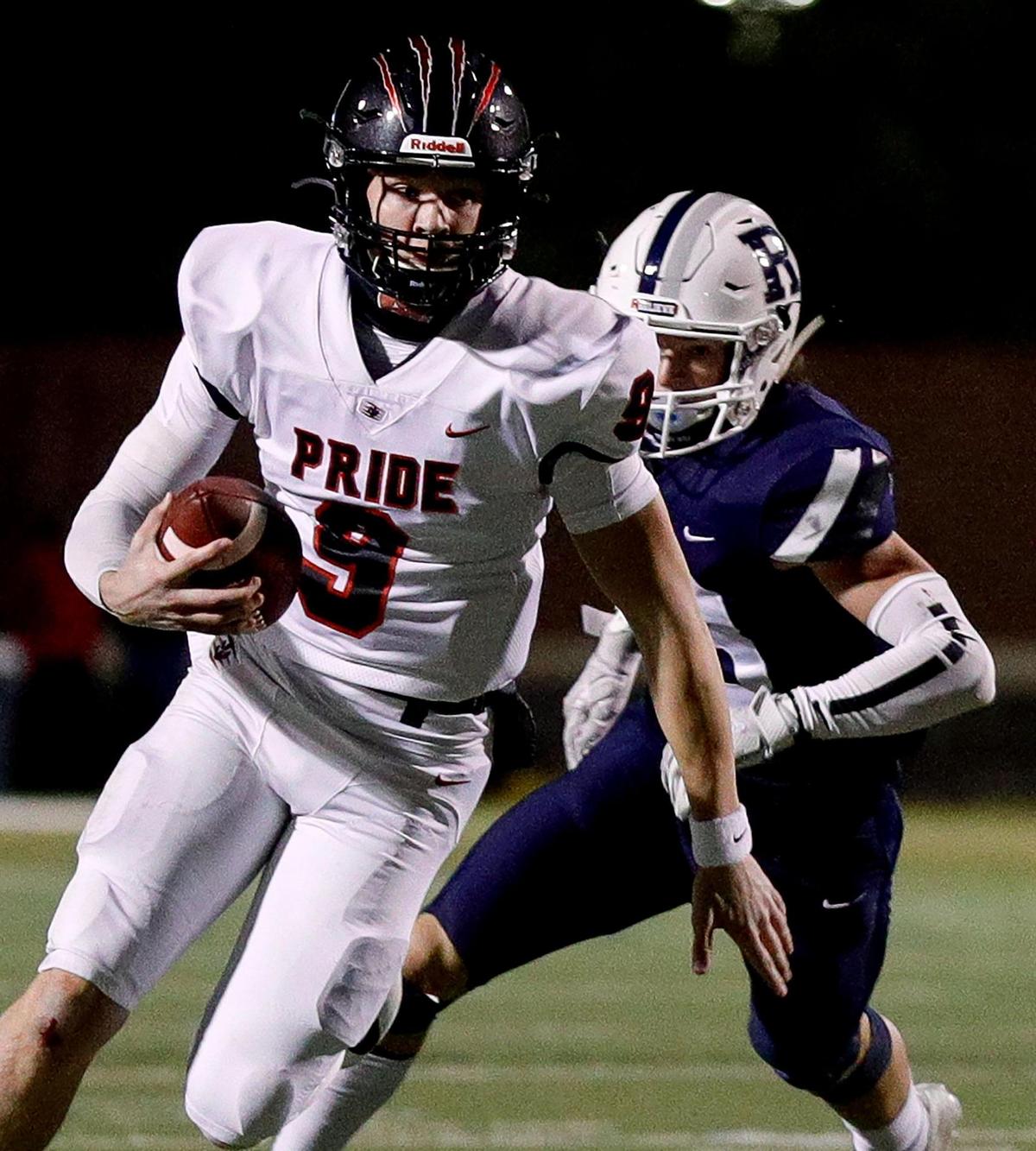 Colleyville Heritage quarterback AJ Smith-Shawver (9) looks to get into the endzone against Richland during the first half of a high school football game, October 23, 2020 played at the Birdville ISD Fine Arts/Athletics Complex in North Richland Hills, Tx. (Steve Nurenberg Special to the Star-Telegram)