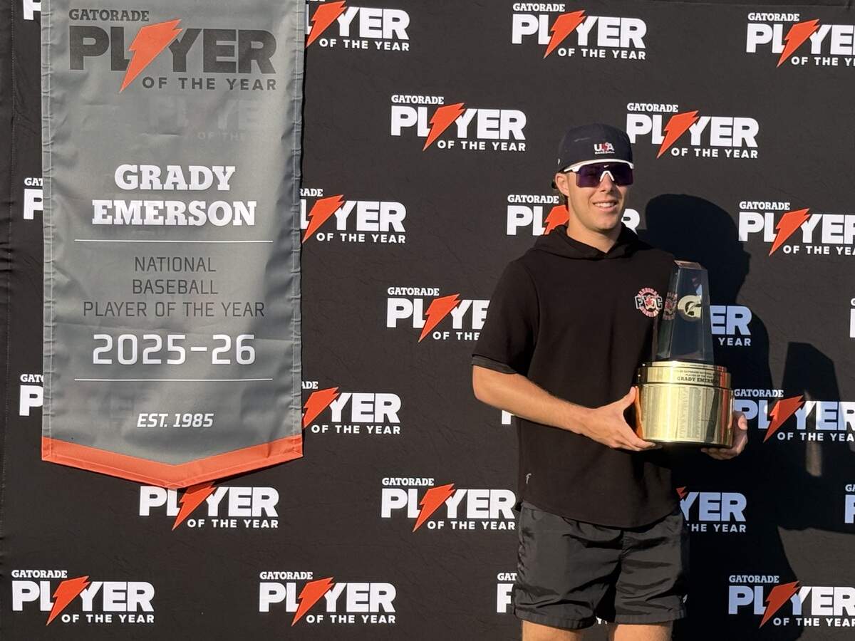 Fort Worth Christian standout Grady Emerson is photographed with the 2026 Gatorade National Baseball Player of the Year Award on June 3 at Fort Worth Christian in North Richland Hills.