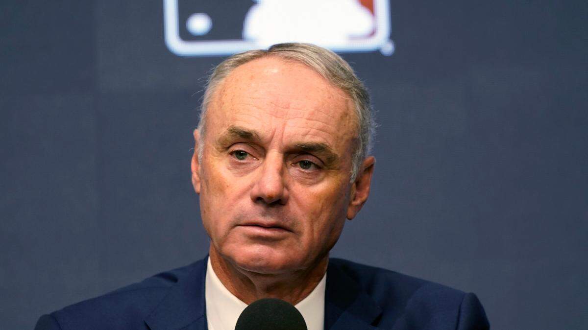Major League Baseball commissioner Rob Manfred speaks during a news conference at Globe Life Field in Arlington on Thursday morning after the league’s owners forced a lockout late Wednesday night.