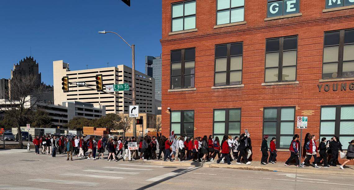 Students at the Young Women’s Leadership Academy in downtown Fort Worth organized a walkout Friday morning, Jan. 30, to protest recent shooting deaths by U.S. Immigration and Customs and Enforcement agents.