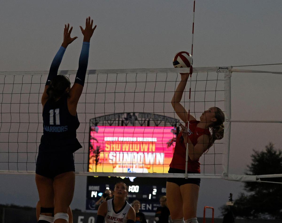 Grapevine and Liberty Christian played the Showdown at Sundown outdoor exhibition volleyball game on the field of Warrior Stadium at Liberty Christian High School in Argyle, Texas, Tuesday, Oct. 29, 2024.