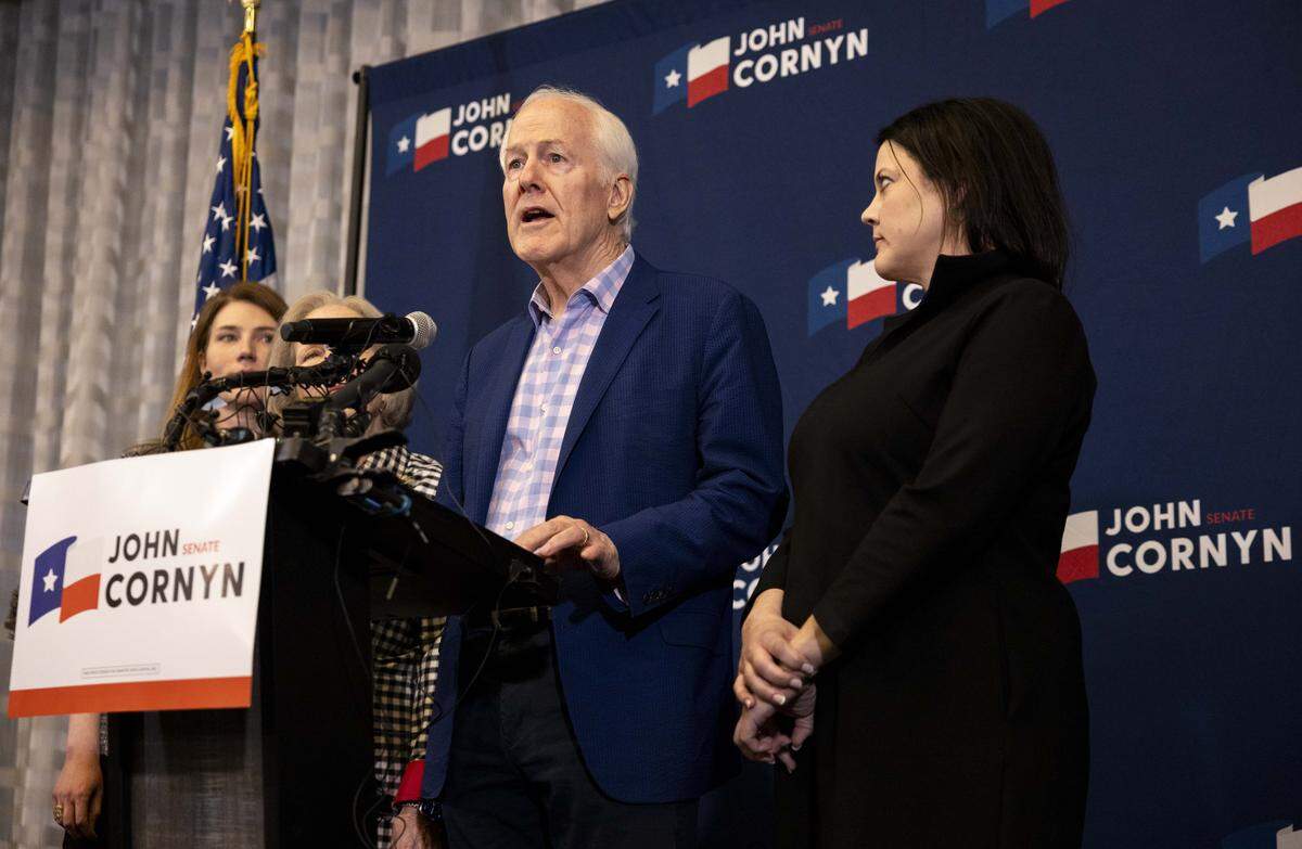 U.S. Sen. John Cornyn speaks to the media after receiving the primary runoff election results on Tuesday, May 26, 2026 at JW Marriott in Austin, Texas. Cornyn lost to Trump-backed Texas Attorney General Ken Paxton in a runoff election after neither won a majority of the votes in the March primary.