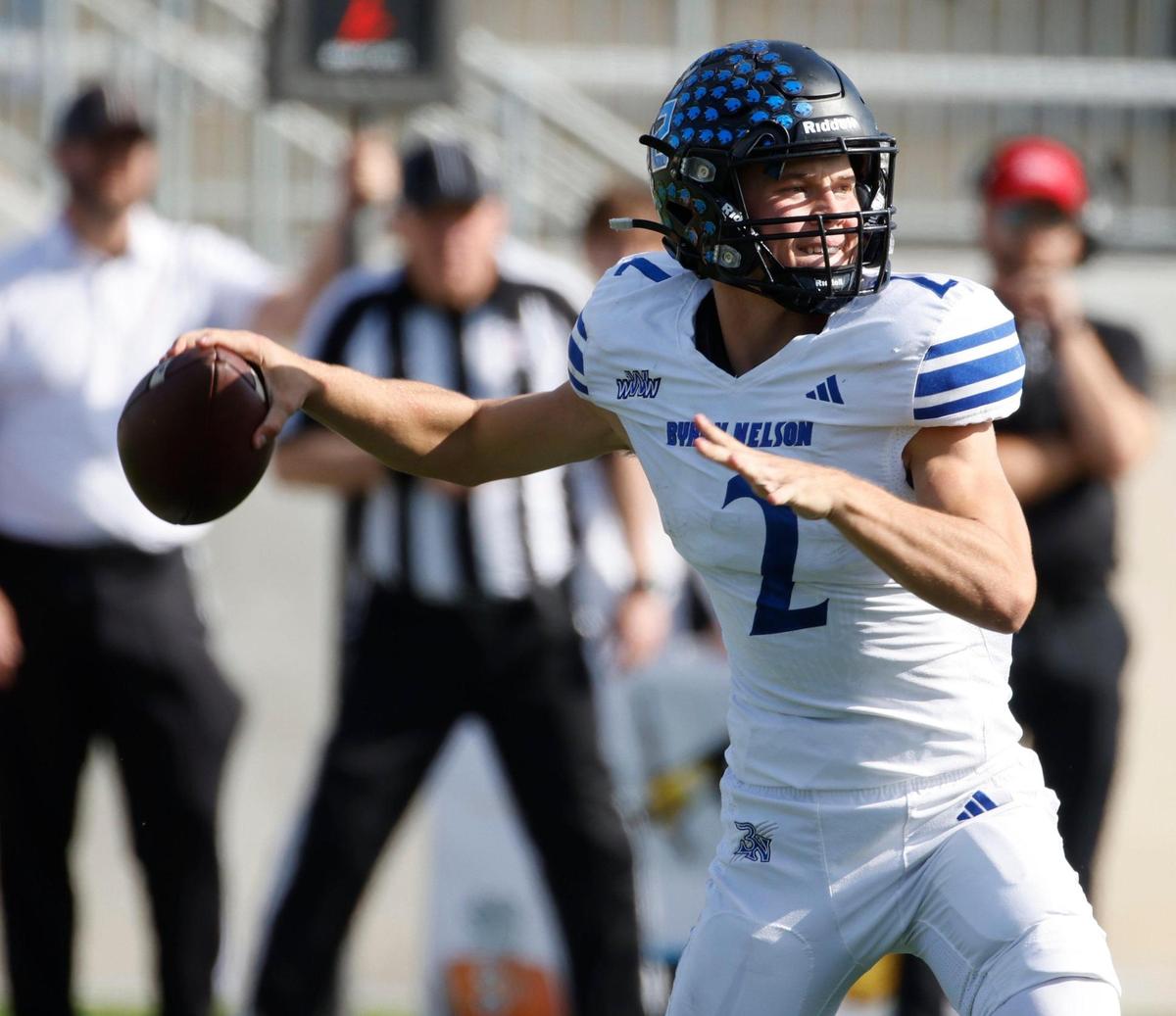 Byron Nelson quarterback Grant Bizjack (2) tosses a short completion during a UIL Class 6A D1 Bi-district playoff football game at Crowley ISD Multi-Purpose Stadium in Fort Worth, Texas, Saturday, Nov. 16, 2024.