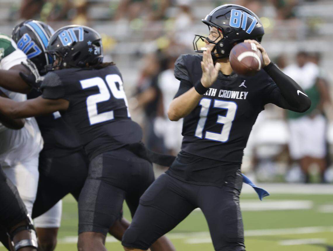 North Crowley quarterback Hayes Cloutier (13) unloads a pass down the sidelines during the first half of a UIL football game between DeSoto and North Crowley at Crowley ISD Multi-Purpose Stadium in Fort Worth, Texas, Friday, Sept. 05, 2025.